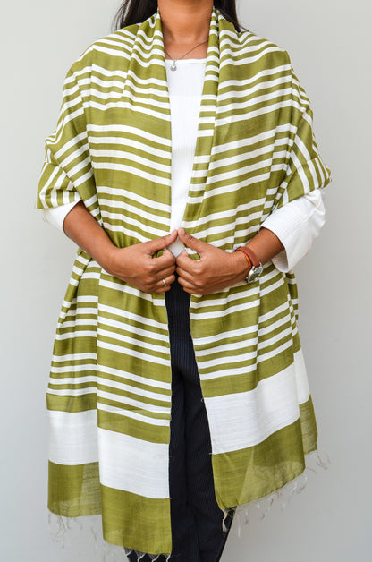 Unisex Olive Green Fine Striped Handwoven Cotton Silk Stole