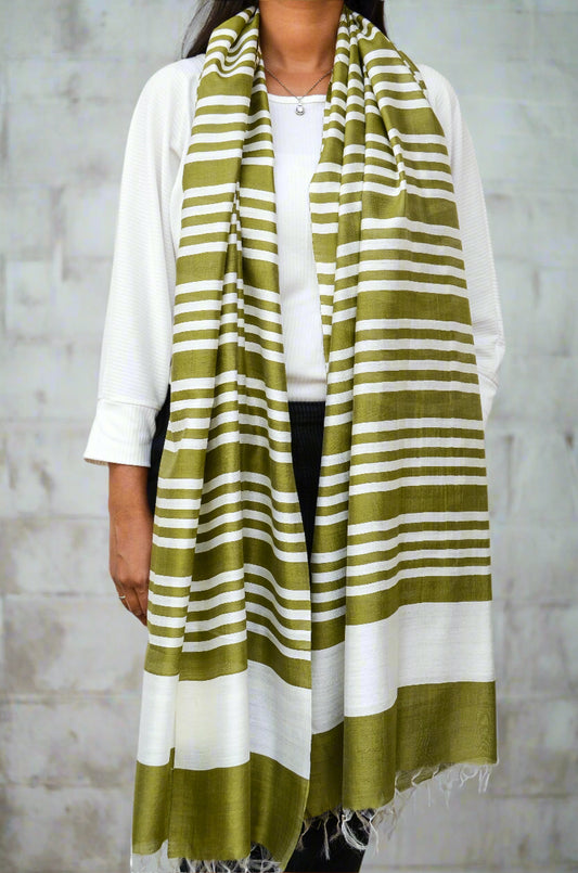 Unisex Olive Green Fine Striped Handwoven Cotton Silk Stole