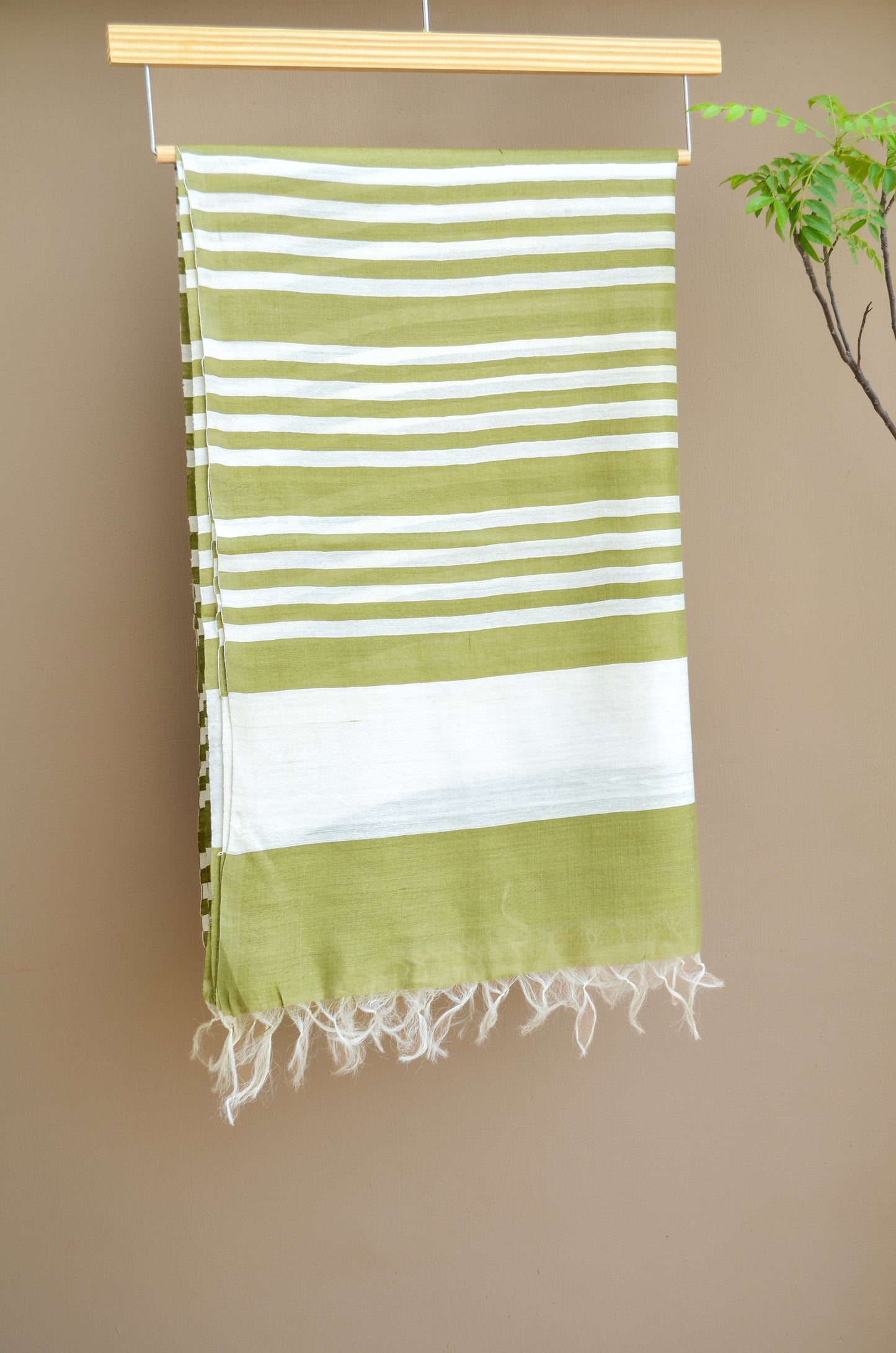 Unisex Olive Green Fine Striped Handwoven Cotton Silk Stole