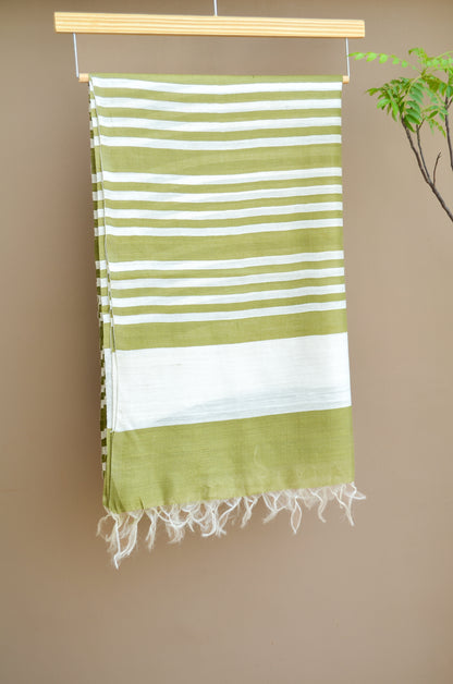 Unisex Olive Green Fine Striped Handwoven Cotton Silk Stole