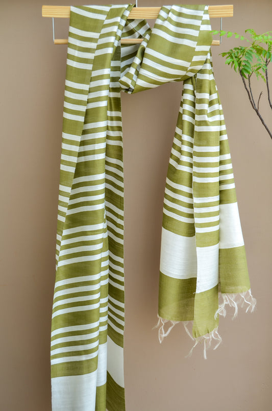 Unisex Olive Green Fine Striped Handwoven Cotton Silk Stole