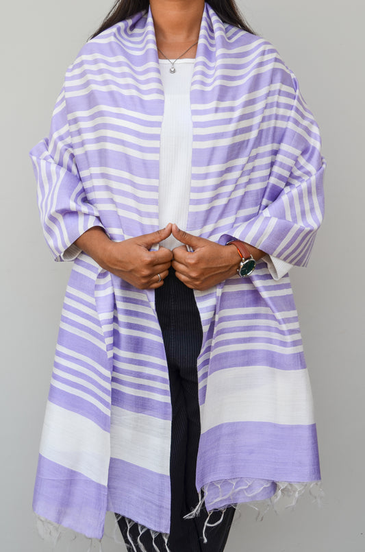 Unisex Lilac Fine Striped Handwoven Cotton Silk Stole