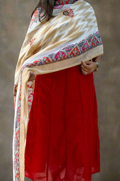 Madhubani Hand-Painted Dupatta - Handwoven Bhagalpuri Cotton with Ikkat Design - Multicolor