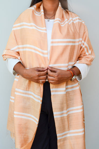 Unisex Soft Beige Classic Striped Handwoven Cotton Silk Stole
