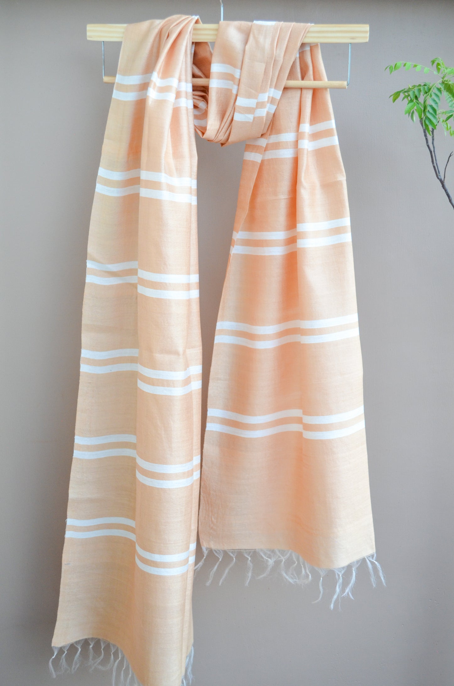 Unisex Soft Beige Classic Striped Handwoven Cotton Silk Stole