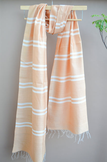 Unisex Soft Beige Classic Striped Handwoven Cotton Silk Stole