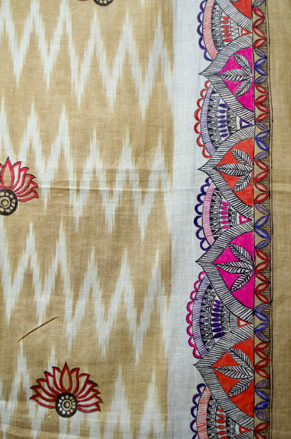 Madhubani Hand-Painted Dupatta - Handwoven Bhagalpuri Cotton with Ikkat Design - Multicolor