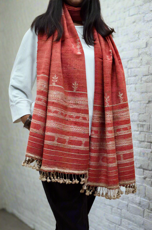 Pure Merino Wool & Tasar Silk Chaar Boti Design Stole - 03