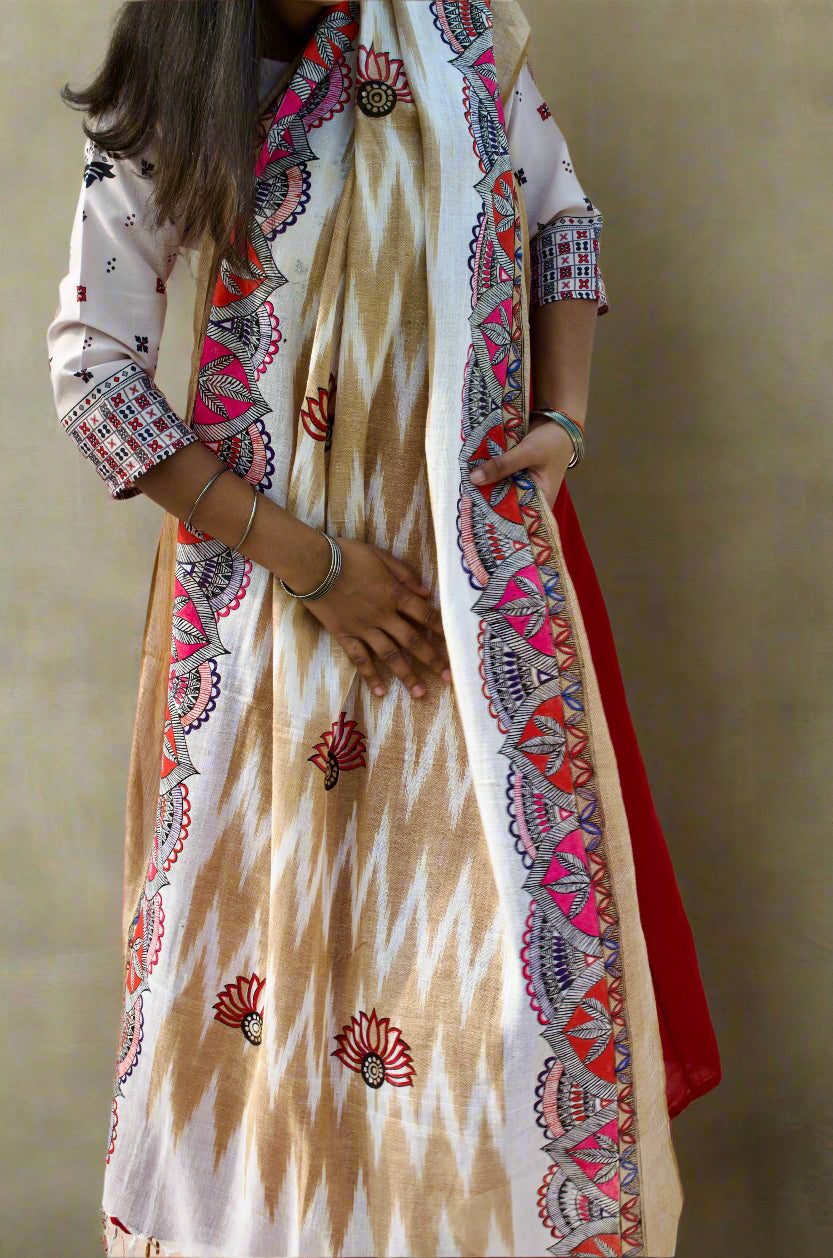 Madhubani Hand-Painted Dupatta - Handwoven Bhagalpuri Cotton with Ikkat Design - Multicolor