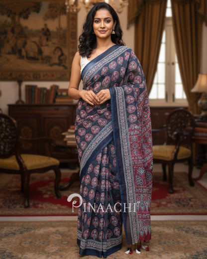 Pinaachi Handloom Purple Ajrakh Mul Cotton Saree