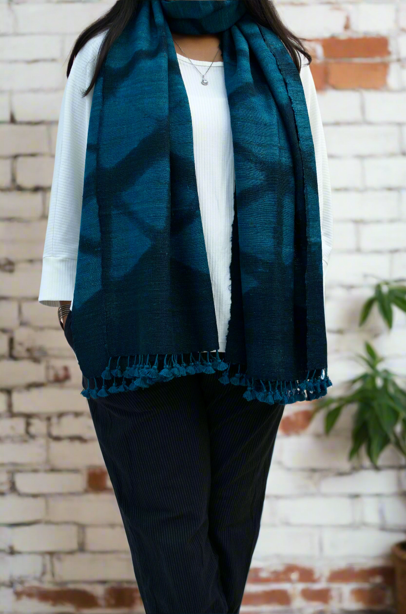 Handwoven Pure Merino Wool Clamp Stole – Blue