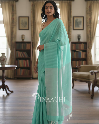 Pinaachi Handloom Sea Green Striped Mul Cotton Saree