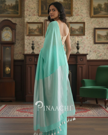 Pinaachi Handloom Sea Green Striped Mul Cotton Saree