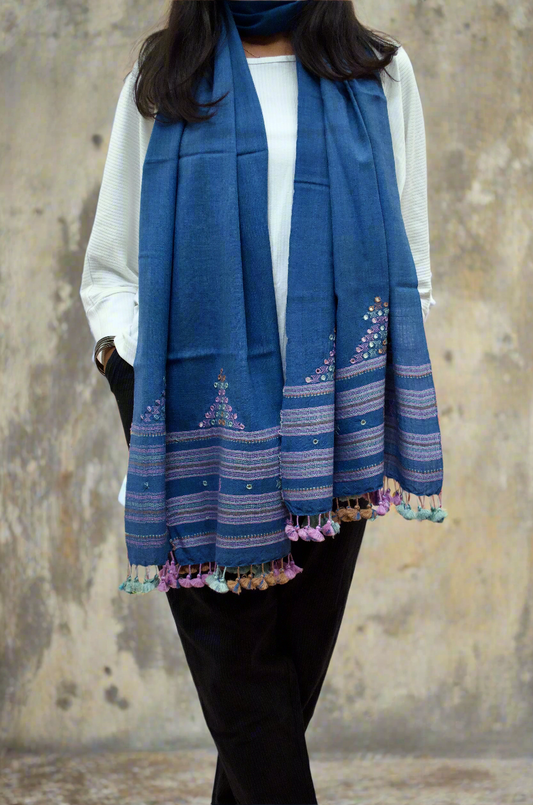 Handwoven Pure Merino Wool Dewra Mirror Stole – Blue