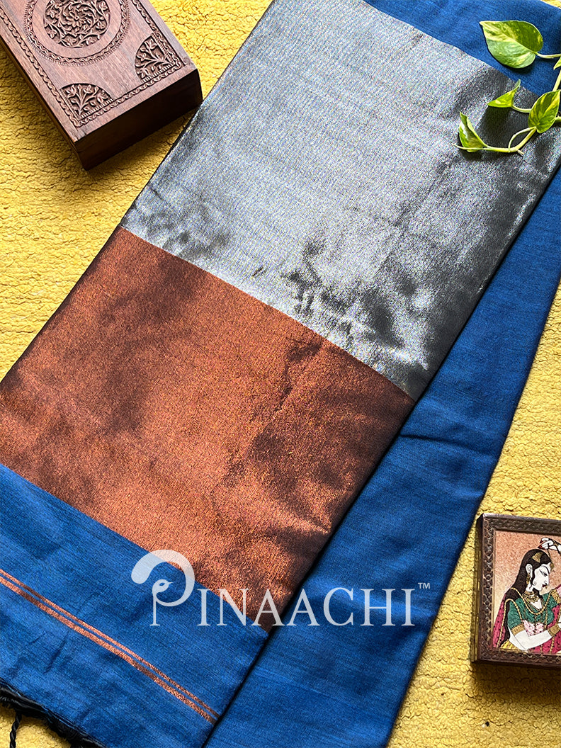 Pinaachi Svarna Handloom Peacock Blue Cotton Saree with Zari