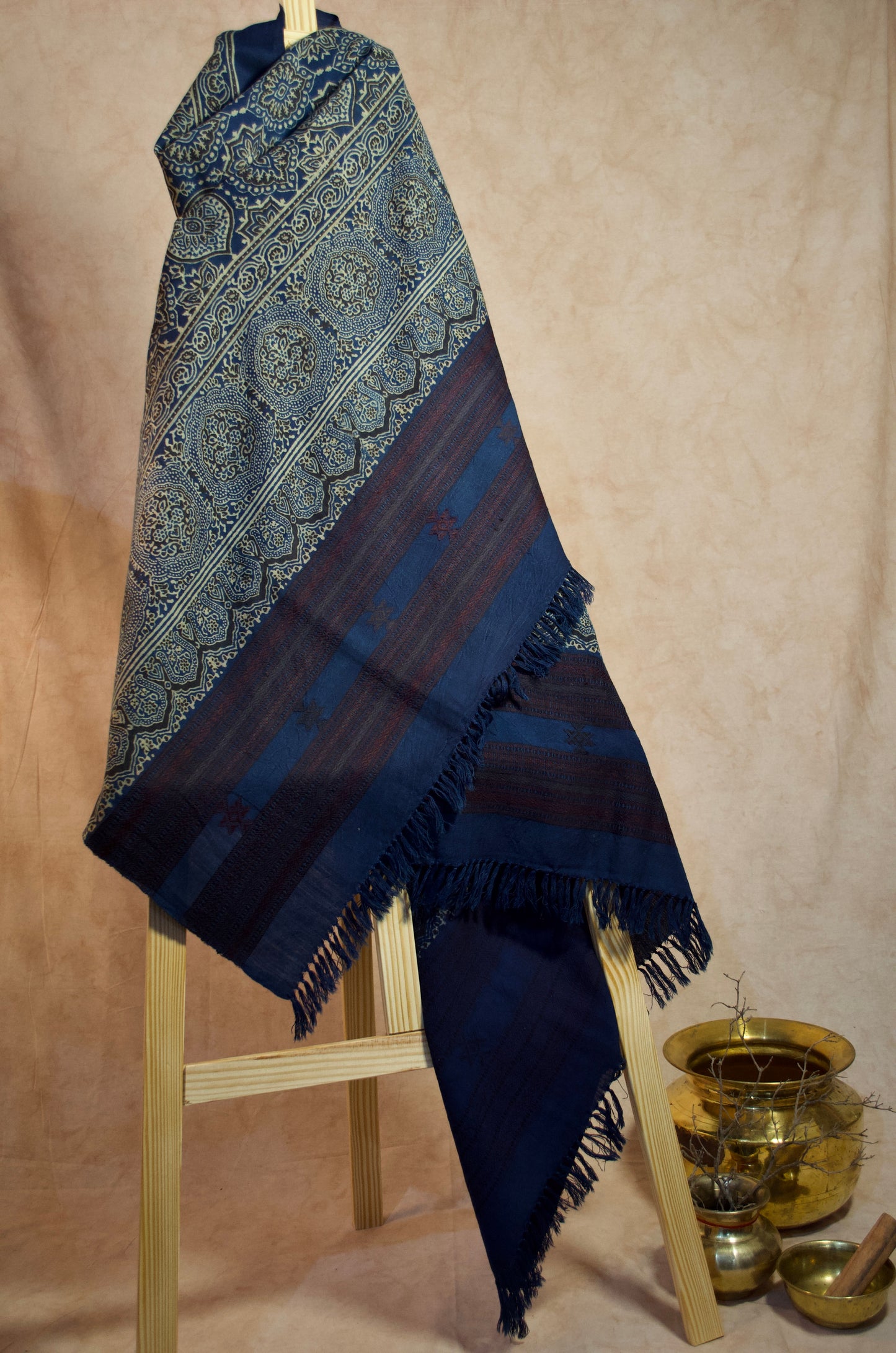 Pure Merino Wool Ajrakh Hand Block-Printed Shawl – Indigo