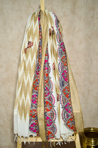 Madhubani Hand-Painted Dupatta - Handwoven Bhagalpuri Cotton with Ikkat Design - Multicolor