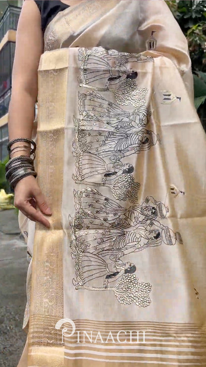 Pinaachi Off-White Tussar Silk Embroidered Saree