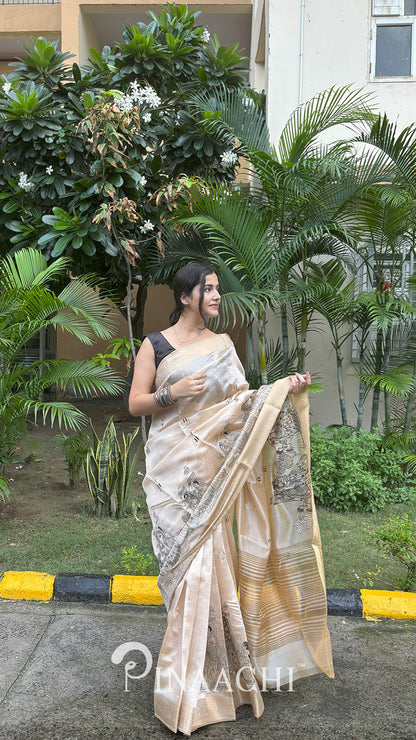 Pinaachi Off-White Tussar Silk Embroidered Saree