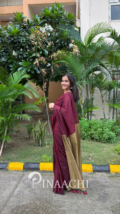 Pinaachi Samya Handspun Maroon Dual Color Cotton Saree
