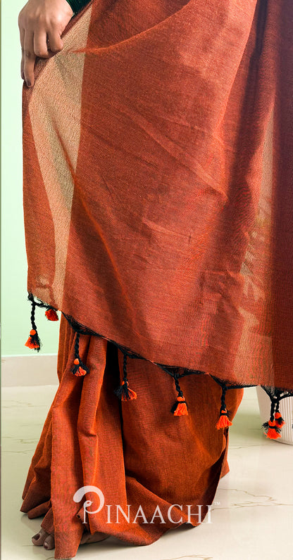 Pinaachi Handspun Solid Rust Orange Cotton Saree