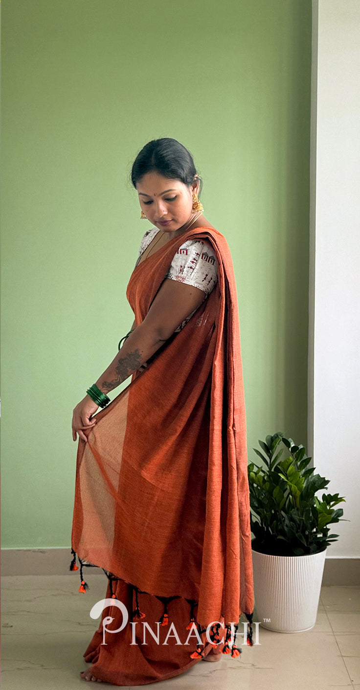 Pinaachi Handspun Solid Rust Orange Cotton Saree