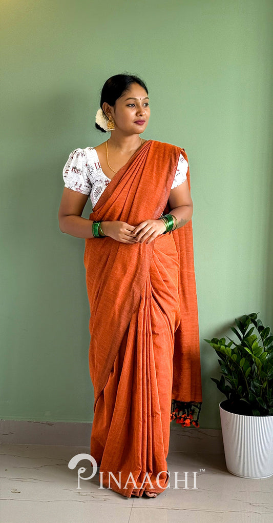 Pinaachi Handspun Solid Rust Orange Cotton Saree