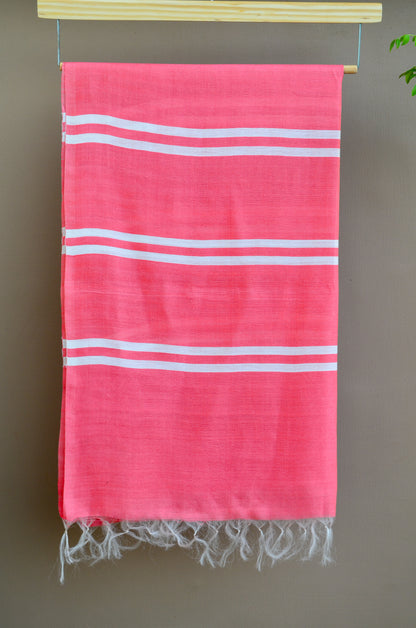Unisex Coral Pink Classic Striped Handwoven Cotton Silk Stole