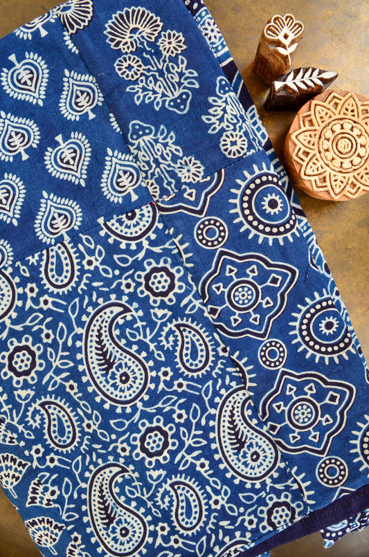 Ajrak hand block printed dupatta in navy blue with intricate floral and paisley designs