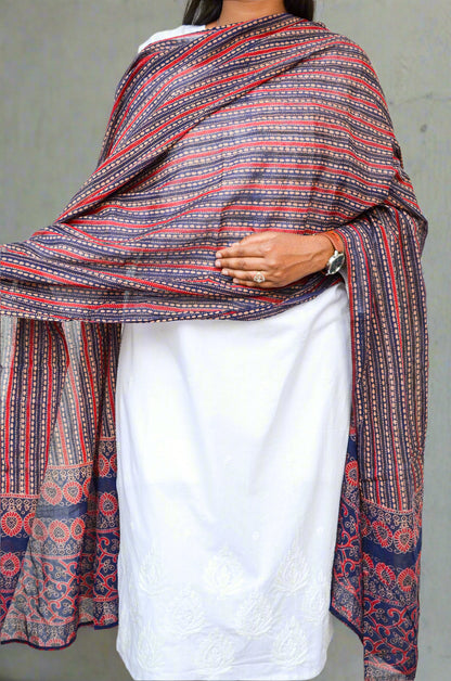 Elegant Ajrakh hand block printed dupatta with intricate patterns in red and blue tones