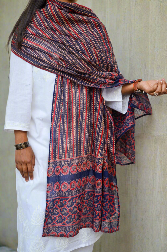 Elegant Ajrakh hand block printed dupatta in rich navy and red hues, perfect for traditional outfits.