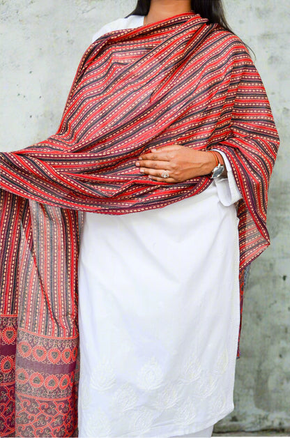 Stylish Ajrakh hand block printed dupatta in red and white, perfect for traditional outfits