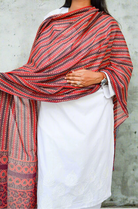 Stylish Ajrakh hand block printed dupatta in red and white, perfect for traditional outfits