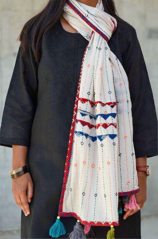 Pinaachi Ajrakh cotton stole with patchwork featuring colorful tassels for stylish layering