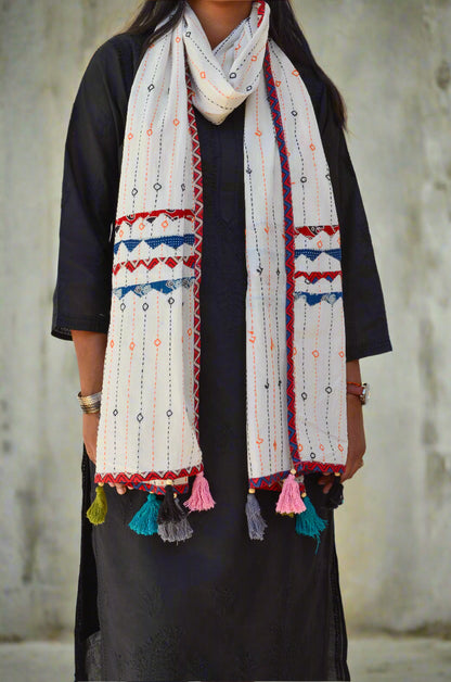 Pinaachi Ajrakh cotton stole with patchwork featuring colorful tassels and intricate designs