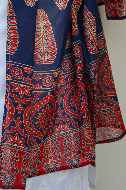 Ajrakh hand block printed cotton dupatta in blue and red with intricate traditional patterns
