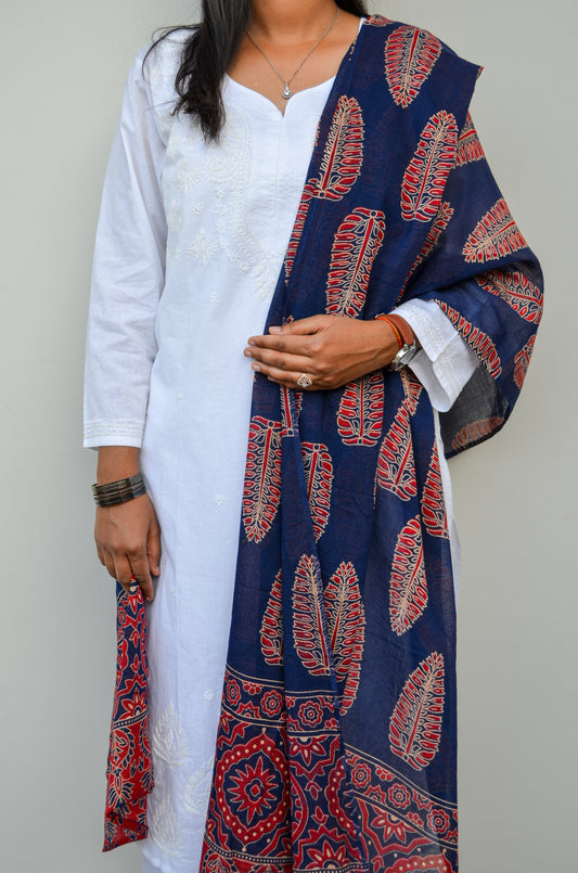 Elegant blue Ajrakh hand block printed cotton dupatta featuring intricate designs and vibrant colors