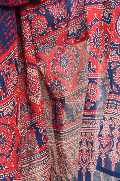 Ajrakh hand block printed dupatta with intricate red and blue floral patterns showcasing traditional craftsmanship
