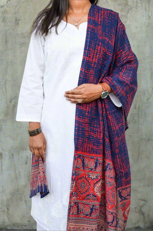 Elegant Ajrakh hand block printed dupatta in rich red and blue patterns perfect for ethnic wear