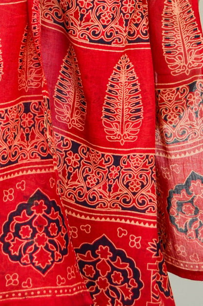 Pinaachi Ajrakh hand block printed dupatta in vibrant red with intricate designs and patterns