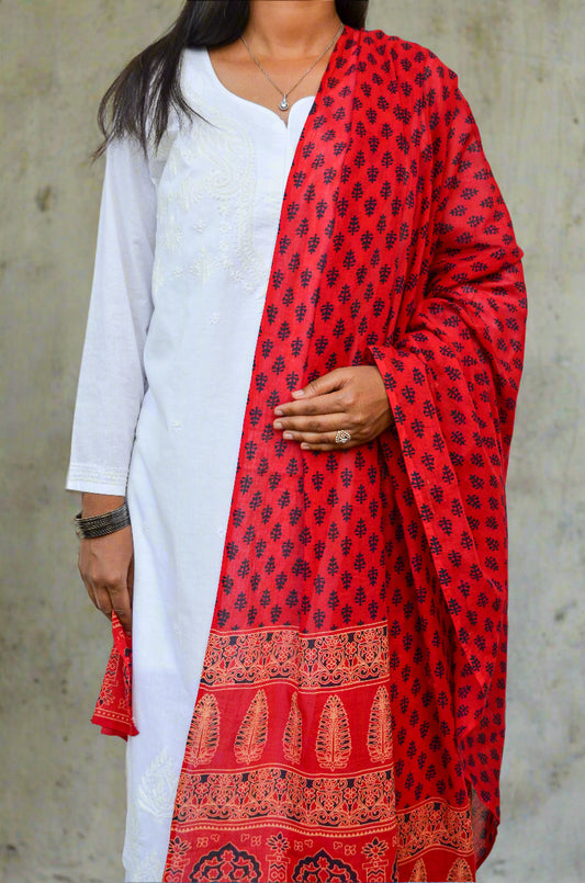Pinaachi Ajrakh hand block printed dupatta in vibrant red with intricate patterns for elegant styling