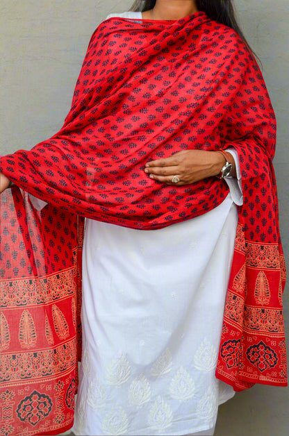 Elegant red Ajrakh hand block printed dupatta draped over a white kurta for a traditional look
