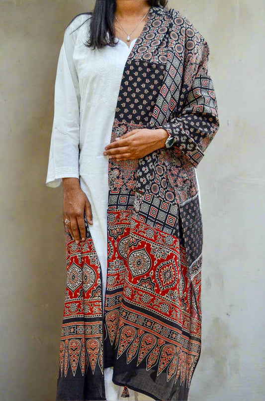 Elegant Ajrakh hand block printed dupatta in rich colors for a stylish ethnic look