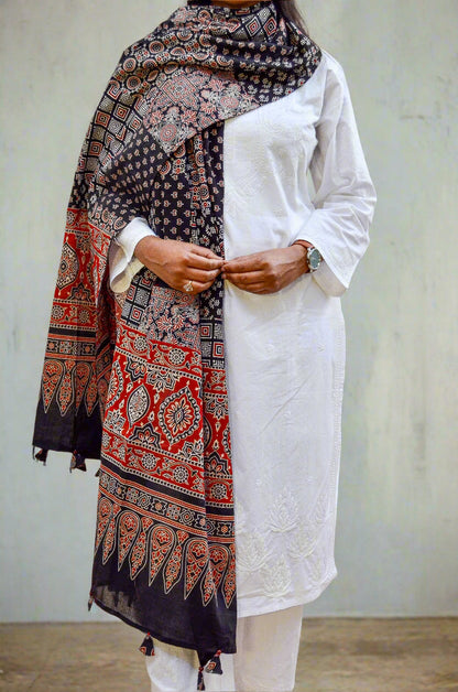Elegant Ajrakh hand block printed dupatta featuring intricate patterns in rich colors