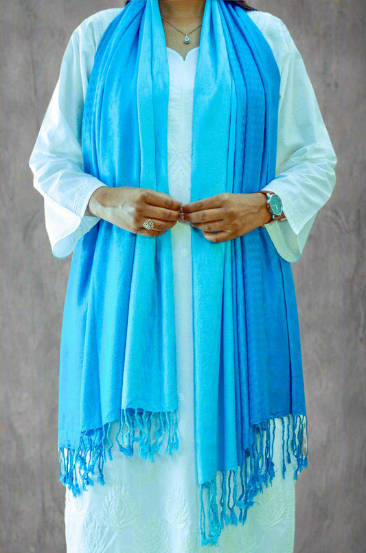 Model wearing a blue gradient jacquard stole, perfect for adding stylish warmth to any outfit.
