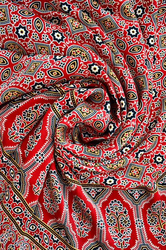 Deep red hand block printed dupatta with intricate floral and geometric patterns