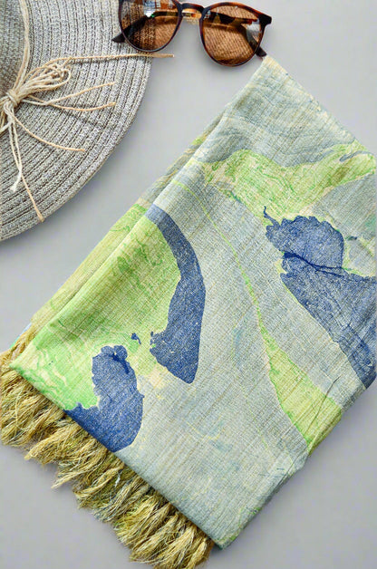 Handwoven cotton marble print dupatta in pastel colors with fringed edges, perfect for stylish outfits