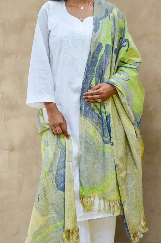 Pinaachi handwoven cotton marble print dupatta in light green and blue, styled over a white kurta