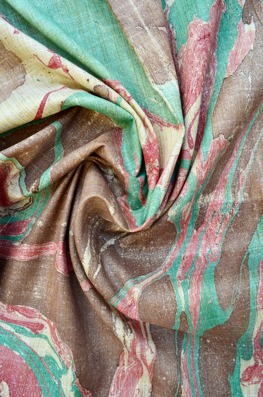 Handwoven cotton marble printed dupatta in earthy tones with vibrant swirls
