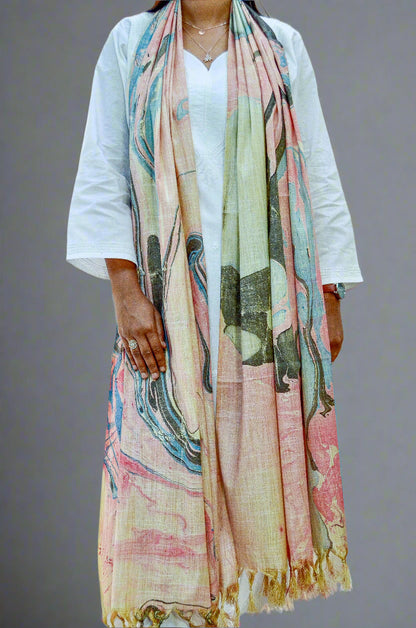 Pinaachi handwoven cotton marble printed dupatta in soft pastel colors draped elegantly